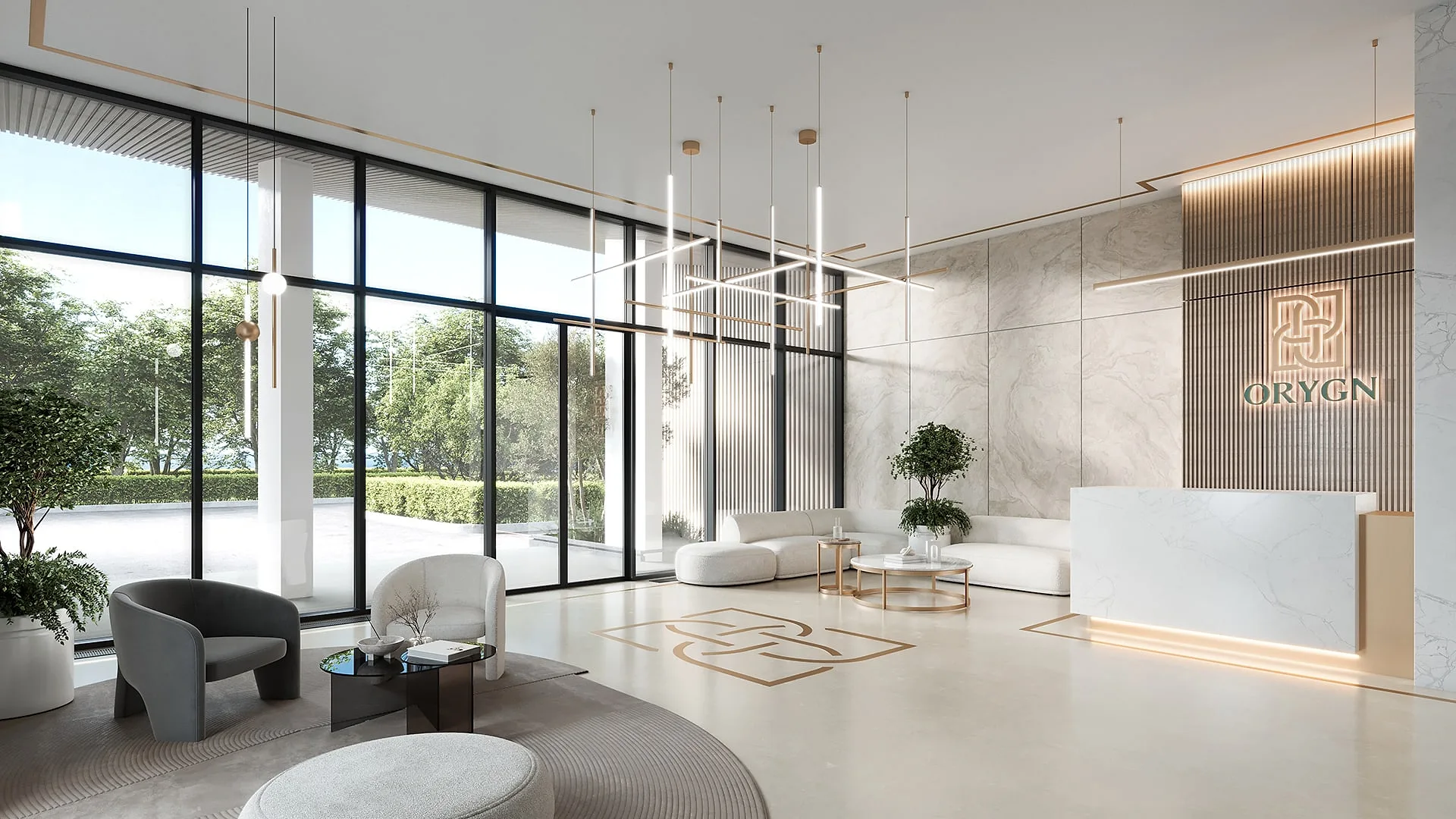 Marble lobby with the ORYGN monogram set into the floor, visualisation